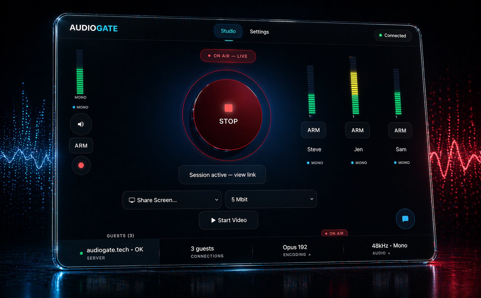 AudioGate Studio interface — live broadcast session with STOP button, ARM controls, VU meters, guest channels, and real-time status bar